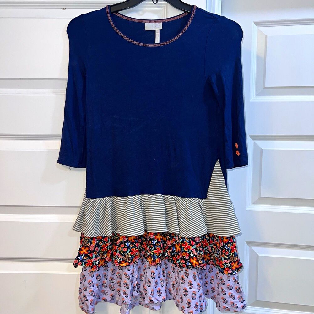 Matilda Jane Girls Navy Blue Floral A-Line Layered Button Dress 3/4 Sleeve Sz 10